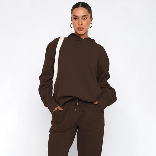 Ladies Solid Color Hoodie and Pants Sets Brown