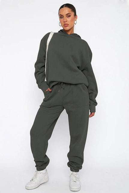 Ladies Solid Color Hoodie and Pants Sets Dark Grey