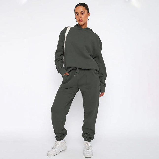 Ladies Solid Color Hoodie and Pants Sets Dark Grey