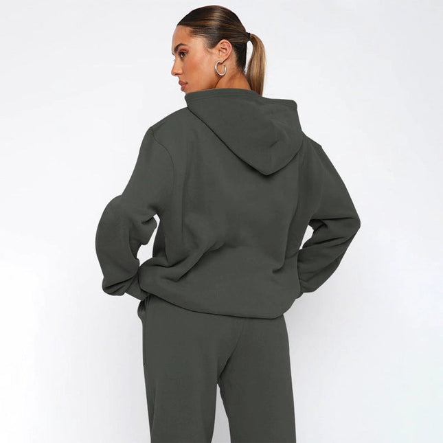 Ladies Solid Color Hoodie and Pants Sets Dark Grey