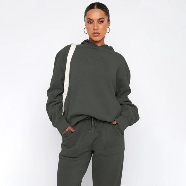 Ladies Solid Color Hoodie and Pants Sets Dark Grey