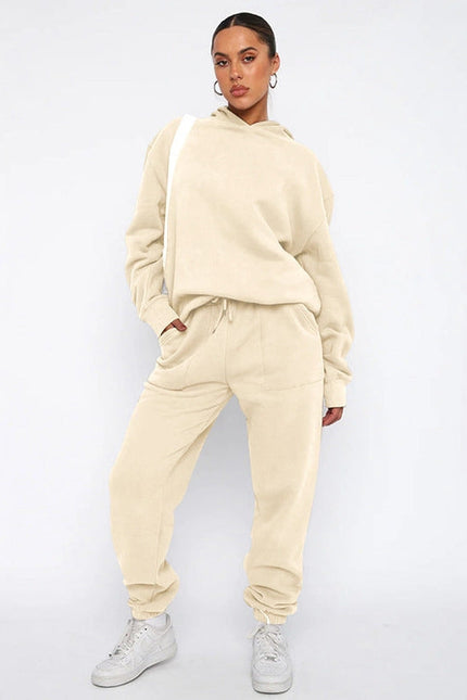 Ladies Solid Color Hoodie and Pants Sets Ivory