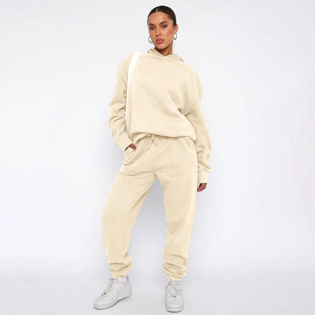 Ladies Solid Color Hoodie and Pants Sets Ivory