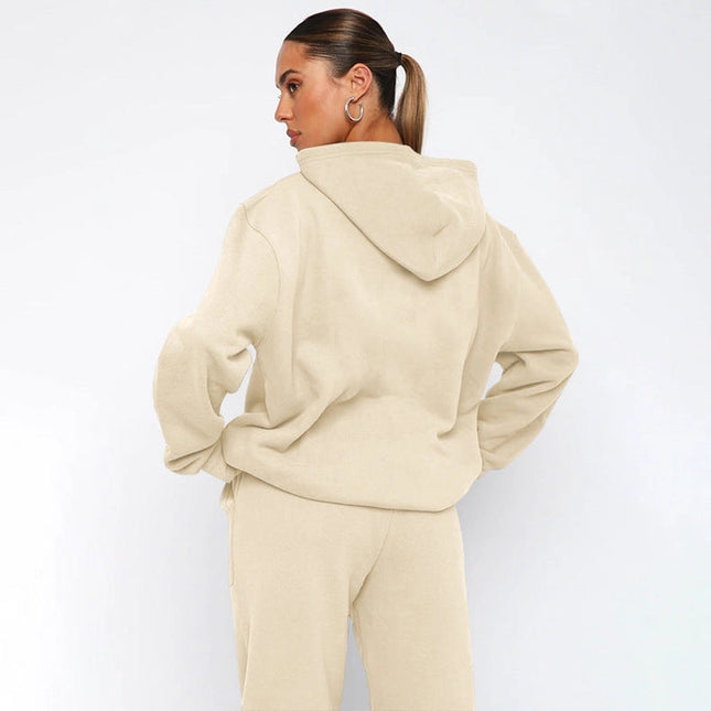 Ladies Solid Color Hoodie and Pants Sets Ivory