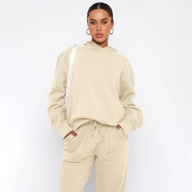 Ladies Solid Color Hoodie and Pants Sets Ivory