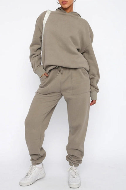 Ladies Solid Color Hoodie and Pants Sets Khaki