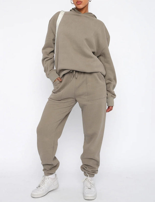 Ladies Solid Color Hoodie and Pants Sets Khaki