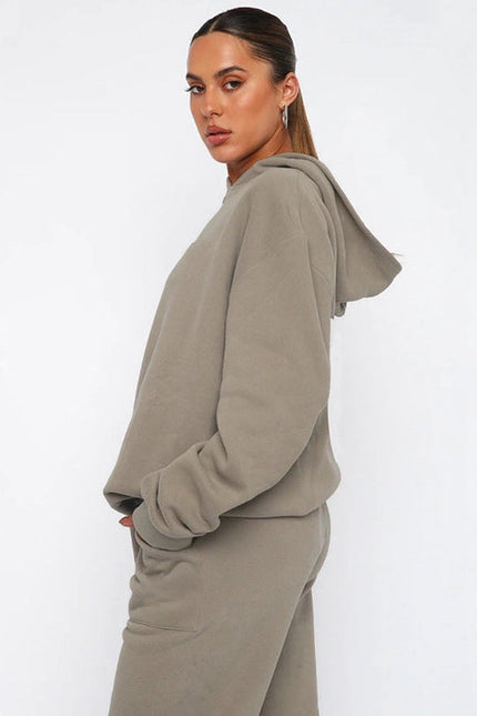 Ladies Solid Color Hoodie and Pants Sets Khaki