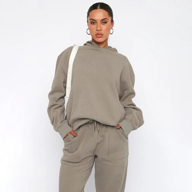 Ladies Solid Color Hoodie and Pants Sets Khaki