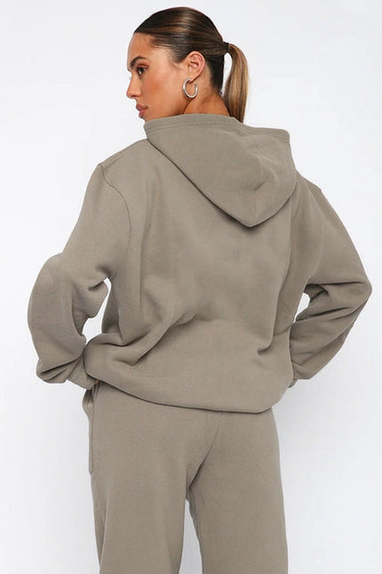 Ladies Solid Color Hoodie and Pants Sets Khaki