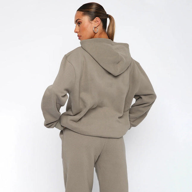 Ladies Solid Color Hoodie and Pants Sets Khaki