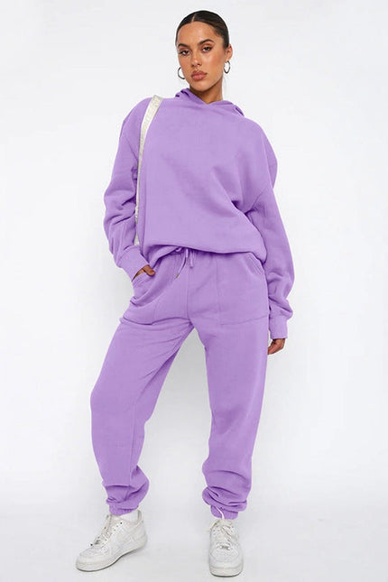 Ladies Solid Color Hoodie and Pants Sets Lavender