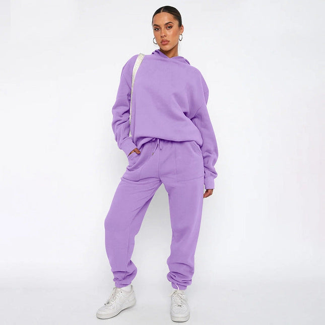 Ladies Solid Color Hoodie and Pants Sets Lavender