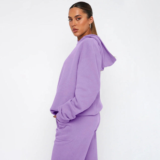 Ladies Solid Color Hoodie and Pants Sets Lavender