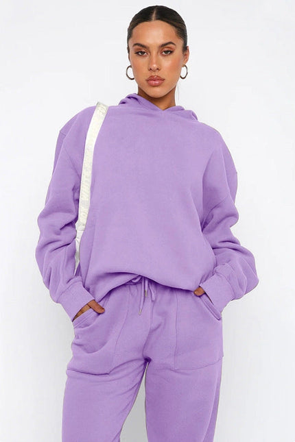 Ladies Solid Color Hoodie and Pants Sets Lavender