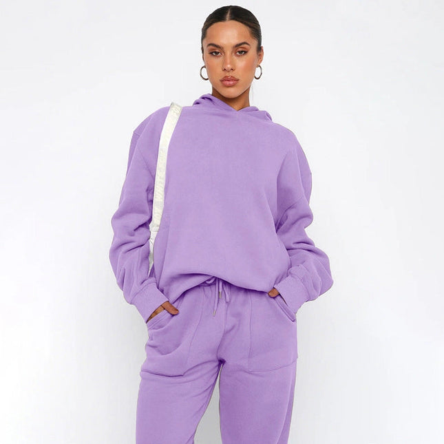 Ladies Solid Color Hoodie and Pants Sets Lavender