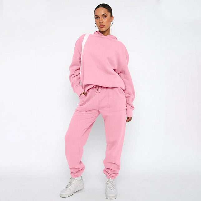 Ladies Solid Color Hoodie and Pants Sets Light Pink