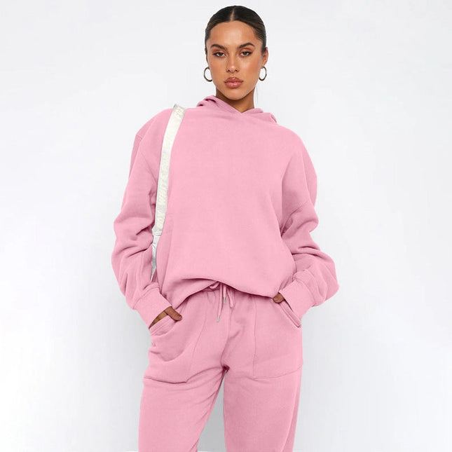 Ladies Solid Color Hoodie and Pants Sets Light Pink