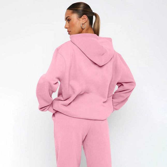 Ladies Solid Color Hoodie and Pants Sets Light Pink