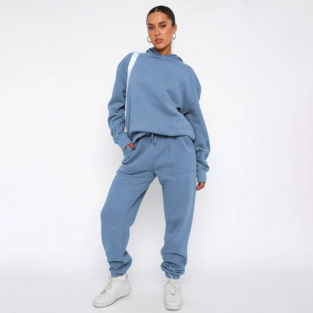 Ladies Solid Color Hoodie and Pants Sets Misty Blue