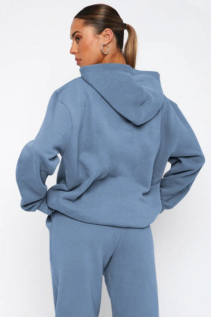 Ladies Solid Color Hoodie and Pants Sets Misty Blue