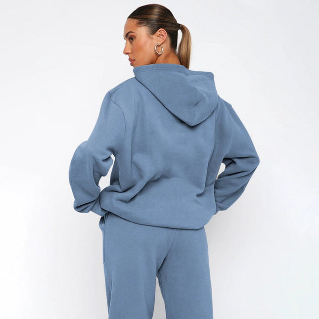 Ladies Solid Color Hoodie and Pants Sets Misty Blue