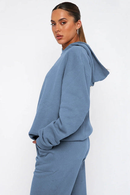 Ladies Solid Color Hoodie and Pants Sets Misty Blue