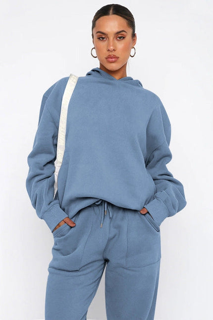 Ladies Solid Color Hoodie and Pants Sets Misty Blue