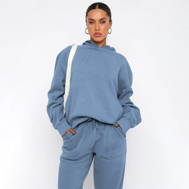 Ladies Solid Color Hoodie and Pants Sets Misty Blue