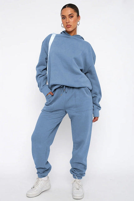 Ladies Solid Color Hoodie and Pants Sets Misty Blue