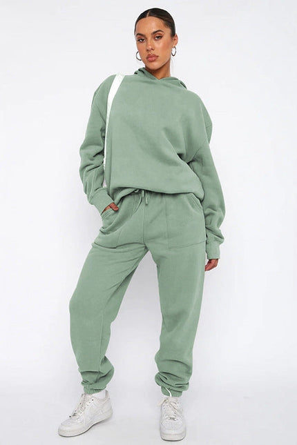 Ladies Solid Color Hoodie and Pants Sets Salvia