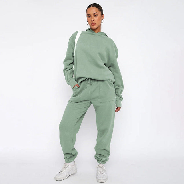 Ladies Solid Color Hoodie and Pants Sets Salvia