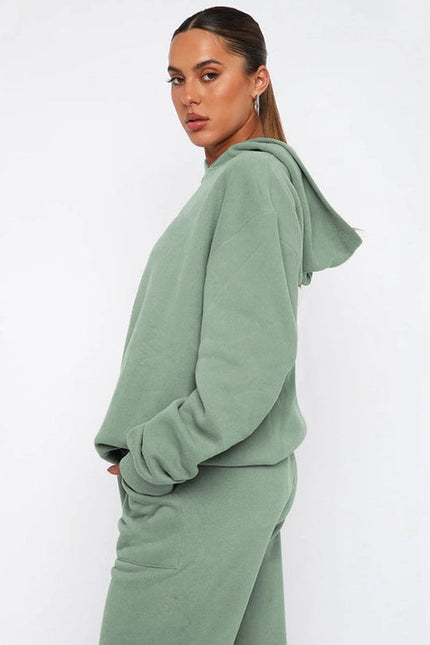 Ladies Solid Color Hoodie and Pants Sets Salvia