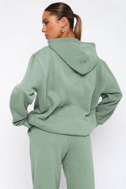 Ladies Solid Color Hoodie and Pants Sets Salvia