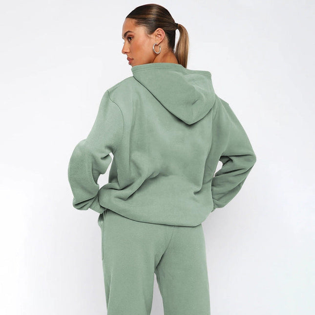 Ladies Solid Color Hoodie and Pants Sets Salvia