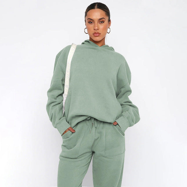 Ladies Solid Color Hoodie and Pants Sets Salvia