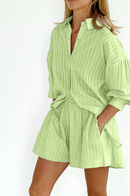 Ladies Stripe Long Sleeves Shirt with Shorts 2PCS Set Green