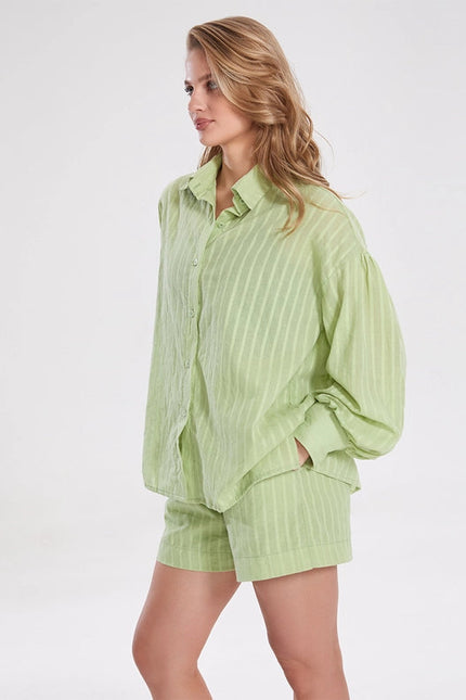 Ladies Stripe Long Sleeves Shirt with Shorts 2PCS Set Green