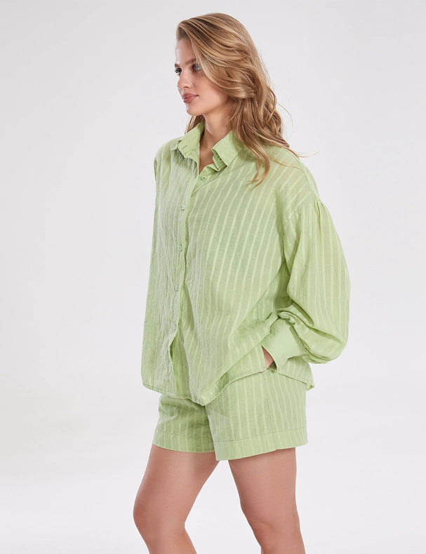 Ladies Stripe Long Sleeves Shirt with Shorts 2PCS Set Green