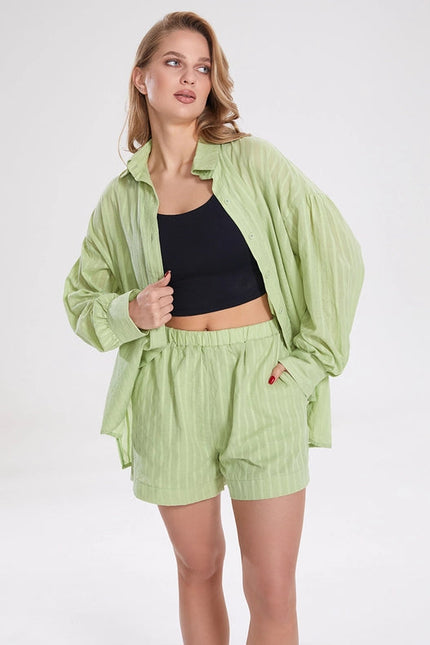 Ladies Stripe Long Sleeves Shirt with Shorts 2PCS Set Green