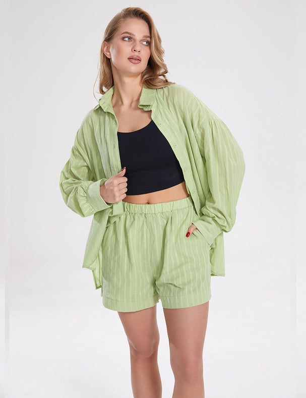 Ladies Stripe Long Sleeves Shirt with Shorts 2PCS Set Green