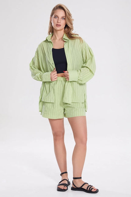 Ladies Stripe Long Sleeves Shirt with Shorts 2PCS Set Green