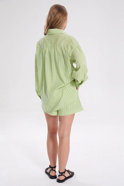 Ladies Stripe Long Sleeves Shirt with Shorts 2PCS Set Green