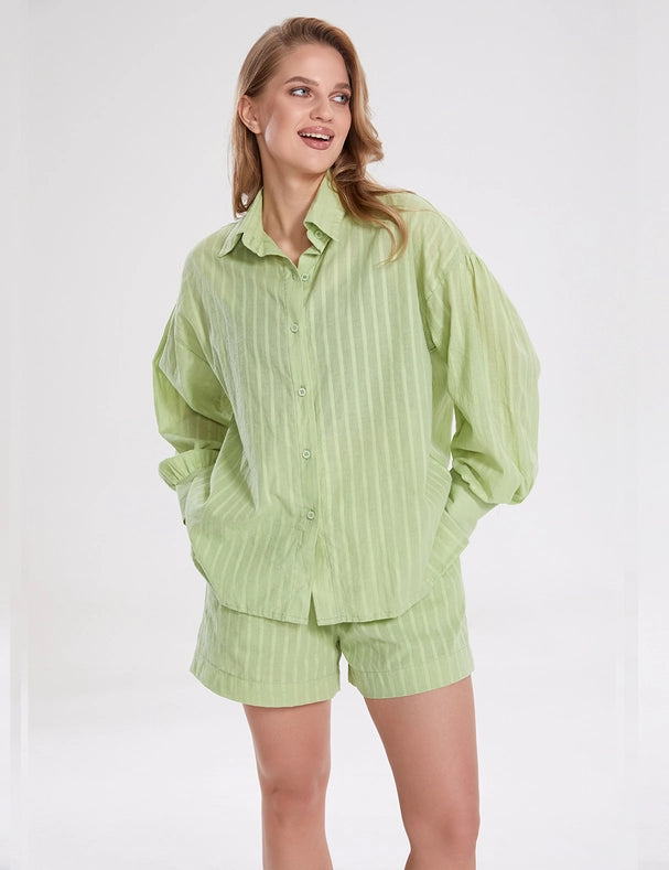 Ladies Stripe Long Sleeves Shirt with Shorts 2PCS Set Green