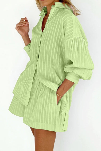 Ladies Stripe Long Sleeves Shirt with Shorts 2PCS Set Green