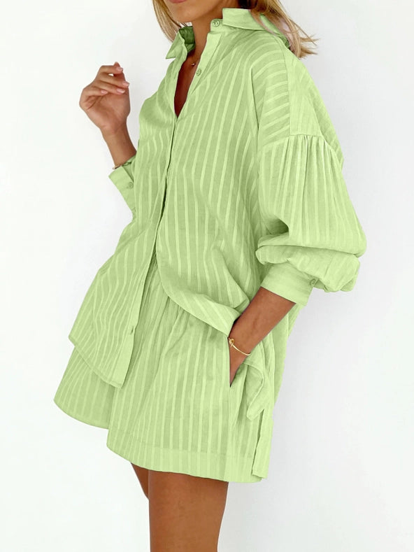 Ladies Stripe Long Sleeves Shirt with Shorts 2PCS Set Green