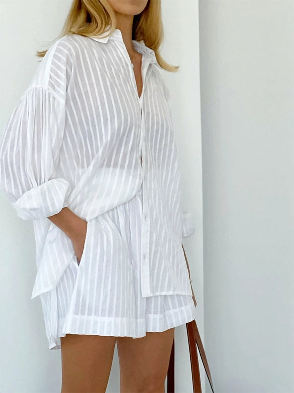 Ladies Stripe Long Sleeves Shirt with Shorts 2PCS Set White