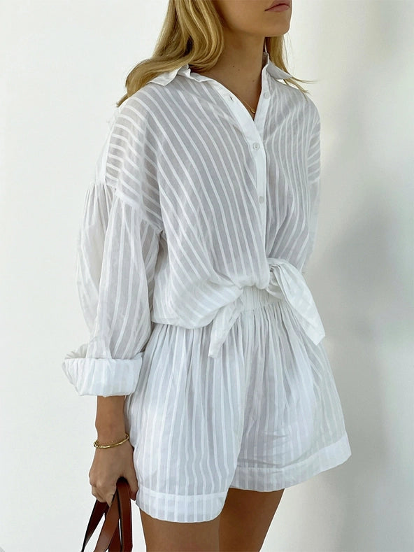 Ladies Stripe Long Sleeves Shirt with Shorts 2PCS Set White