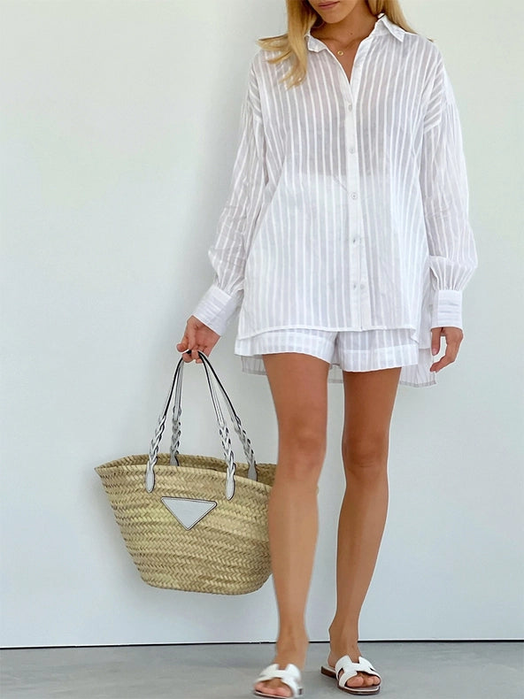 Ladies Stripe Long Sleeves Shirt with Shorts 2PCS Set White