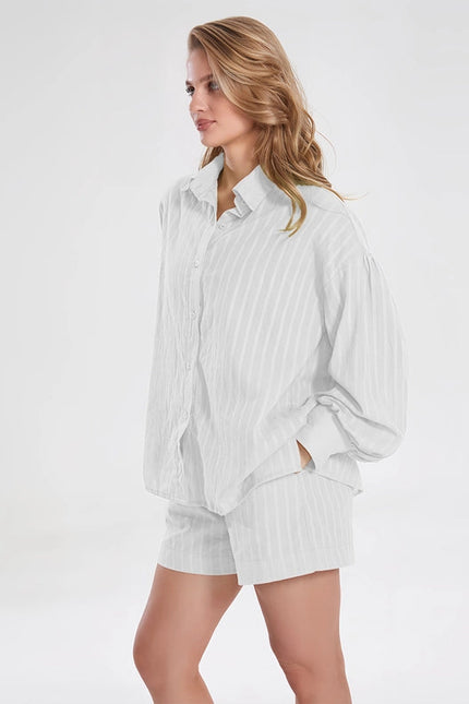 Ladies Stripe Long Sleeves Shirt with Shorts 2PCS Set White